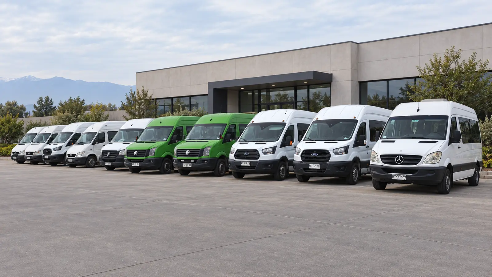 Flota de minibuses y furgones Transor alineados en un patio